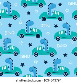 seamless racing dinosaur animal with car pattern vector illustration