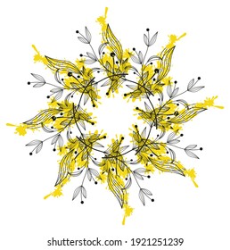 Seamless radial floral vector pattern with yellow flower splashes