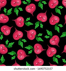 seamless radish PATTERN. Radish character. Black background. children's illustration. Vegetarianism and vegetarian. Vegetables.