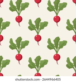 Padrão De Rabanete Sem Costura, Ilustração De Vetor. Fundo vegetal fresco para alimentos veganos, produtos agrícolas orgânicos saudáveis, ingredientes de salada, têxteis de cozinha, jardinagem, design agrícola, papel de parede