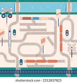 Seamless Railway Pattern. Repetitive Design Featuring Trains, Tracks, And Railway Elements, Cartoon Vector Illustration