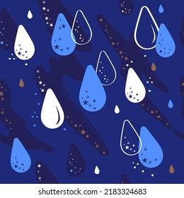 Seamless rain drops pattern with stars in blue background