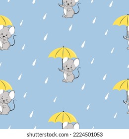 Seamless rain pattern with cute little mouse with umbrella. Vector background for kids