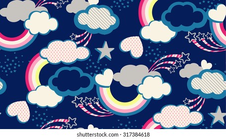 Seamless rainbow cloud hearts and sky illustration retro style background pattern in vector