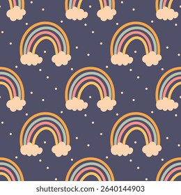 Seamless rainbow and cloud pattern on dark background