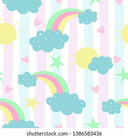 seamless rainbow and clouds pattern vector illustration