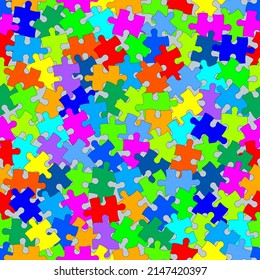 Seamless rainbow colored pattern with mixed puzzles, jigsaw, childrens pattern. Modern stylish ornament texture for wrapping paper, carpet, bathroom tiles or clothing textile print