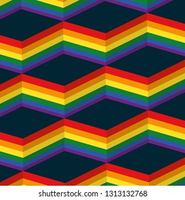 Seamless Rainbow Flag Striped 3D Banner Deep Blue Background Vector Pattern