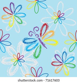 Seamless rainbow floral pattern with butterfly