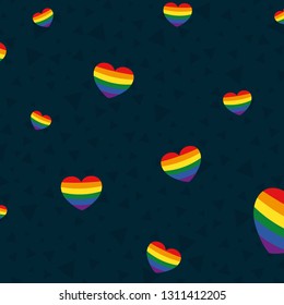 Seamless Rainbow Hearts Dark Triangles Deep Blue Background Vector Pattern