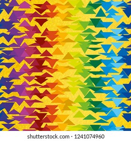 Seamless Rainbow Multicolored Triangles Gold Glitter Background Vector Pattern