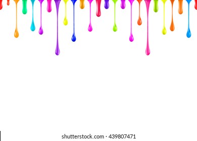 Seamless Rainbow Oil Paint Glossy Drops Isolated On White. Nail Polish Drops Falling Down. Multicolor Nail Varnish Drips. Colorful Paint Ink Droplet. Vector. 3d Illustration.