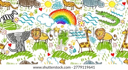 Seamless rainbow pattern children's drawings of African animals. Hand drawn. Not AI, vector illustration