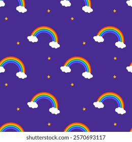 Seamless rainbow pattern with clouds and yellow stars against a purple backdrop, creating a cheerful and playful design