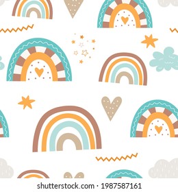 Seamless Rainbow pattern kids nursery print. Boho pattern for baby room design. Vector illustration
