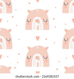 Seamless Rainbow Pattern With Piglet Face. Vector Illustration