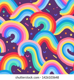 Seamless rainbow pattern with stars and sprinkles on dark background. Cute hand drawn design for kids wallpaper, textile, wrapping paper, prints. 