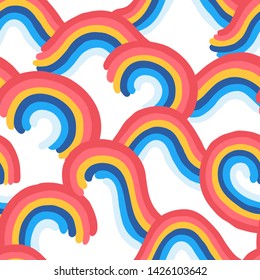 Seamless rainbow pattern. Swirls, waves, arches. Vector hand drawn  illustration in retro style. 