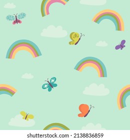 Seamless rainbow sky the clouds illustration background pattern. vector childish pattern with butterfly. 