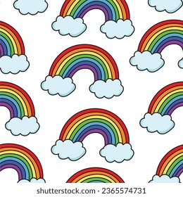 Seamless rainbow sky and clouds illustration background pattern in vector