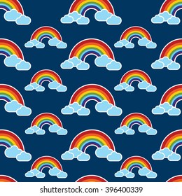 Seamless rainbow sky with clouds illustration background pattern in vector. Background vector can be used for wallpaper, cover fills, web page background, surface textures. Vector linen texture.