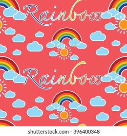 Seamless rainbow sky with clouds illustration background pattern in vector. Background vector can be used for wallpaper, cover fills, web page background, surface textures. Vector linen texture.