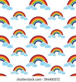 Seamless rainbow sky with clouds illustration background pattern in vector. Background vector can be used for wallpaper, cover fills, web page background, surface textures. Vector linen texture.