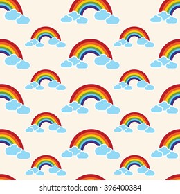 Seamless rainbow sky with clouds illustration background pattern in vector. Background vector can be used for wallpaper, cover fills, web page background, surface textures. Vector linen texture.