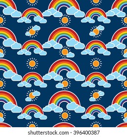 Seamless rainbow sky with clouds illustration background pattern in vector. Background vector can be used for wallpaper, cover fills, web page background, surface textures. Vector linen texture.