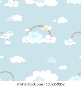 Seamless rainbow and smiling cloud with raining on blue sky background,Cute vector of clouds scape in rainy season with bright colour tone for kids fabric elements for new born baby boy or girl 