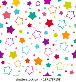 Seamless rainbow stars pattern. Multicoloured cute seamless background. Fill and outline stars, confetti. Vector illustration for birthday wrapping paper, post card and fabric. Baby textile. 