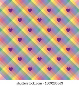 A seamless rainbow stripes pride wallpaper with hearts in colors of the LGBT flag movements, valentine's illustration, greeting card vector