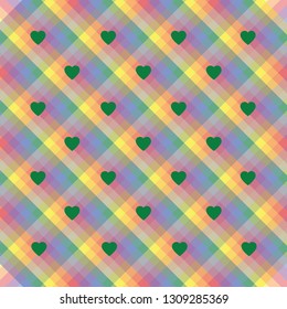 A seamless rainbow stripes pride wallpaper with hearts in colors of the LGBT flag movements, valentine's illustration, greeting card vector