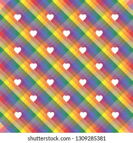 A seamless rainbow stripes pride wallpaper with hearts in colors of the LGBT flag movements, valentine's illustration, greeting card vector