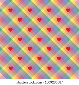 A seamless rainbow stripes pride wallpaper with hearts in colors of the LGBT flag movements, valentine's illustration, greeting card vector