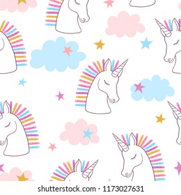 Seamless rainbow unicorns pattern. Vector magic background for kids.