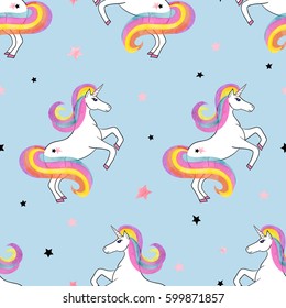 Seamless rainbow unicorns pattern. Vector magic illustration. 