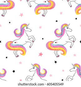 Seamless rainbow unicorns pattern. Vector magic background.