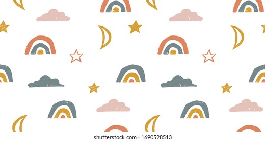 Seamless rainbow vector pattern with cloud star and moon. Hand drawn pastel muted designs for wallpaper textile fabric designs. Cute vector illustrations in grainy style.