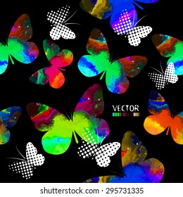 Seamless rainbow watercolor background with butterflies. Vector