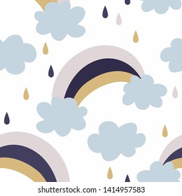 Seamless rainbows and clouds pattern vector background for cover, textile, wrapping, fabrics, notebook, ceramics, postal packaging.