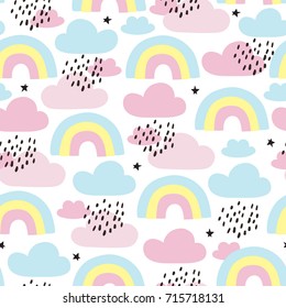 seamless rainbows and clouds pattern vector illustration