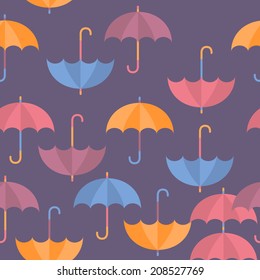 Seamless rainy pattern with color umbrellas. Vector illustration
