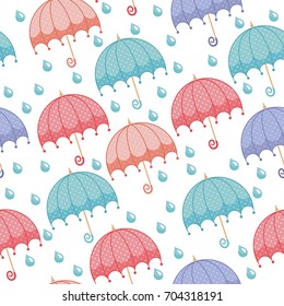 Seamless rainy pattern with umbrellas. Fabric background. Beautiful abstract vector illustration