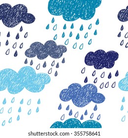 Seamless rainy pattern. Vector background with doodle clouds. 