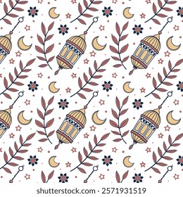 Seamless ramadan kareem background with arabic lanterns and crescent moons