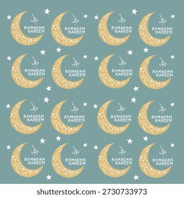 Padrão de Ramadã Kareem sem costura com lua crescente e estrelas, ideal para papel de parede, papel de embrulho e fundos festivos.
