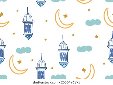 Seamless Ramadan Kareem pattern, lanterns hanging moon and stars, ready to print for background fabric. vector illustration