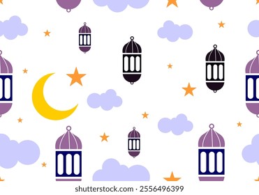 Seamless Ramadan Kareem pattern, lanterns hanging moon and stars, ready to print for background fabric. vector illustration