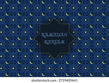 Patrón de noche de Ramadán sin fisuras con estrellas y media luna sobre fondo azul oscuro.